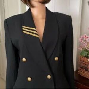 Casual Corner Vintage Petite Black Wool 100% Blazer Nautical Style Coat Jacket